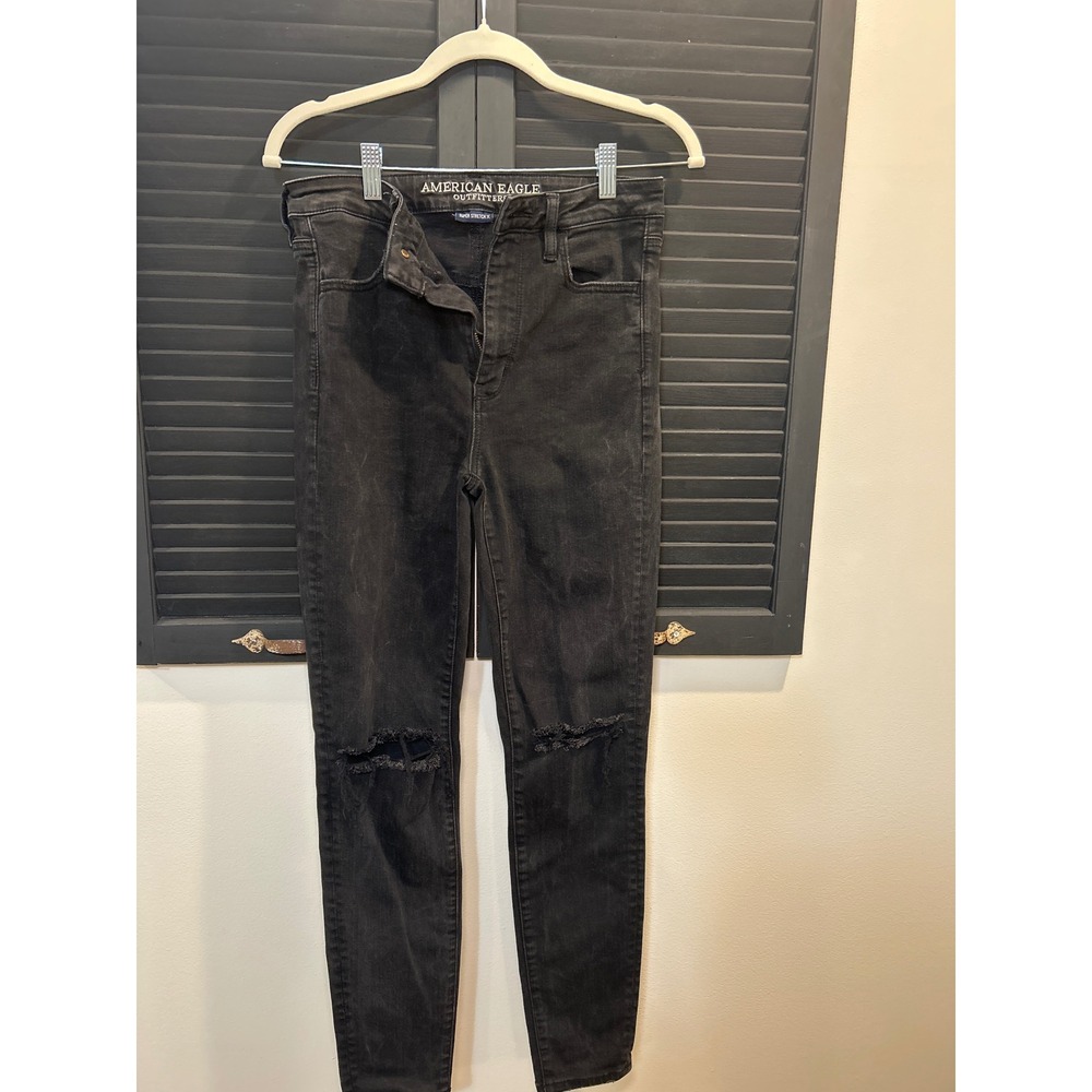 American Eagle Super Stretch X Distressed Skinny Jeans Black High Rise Size 8